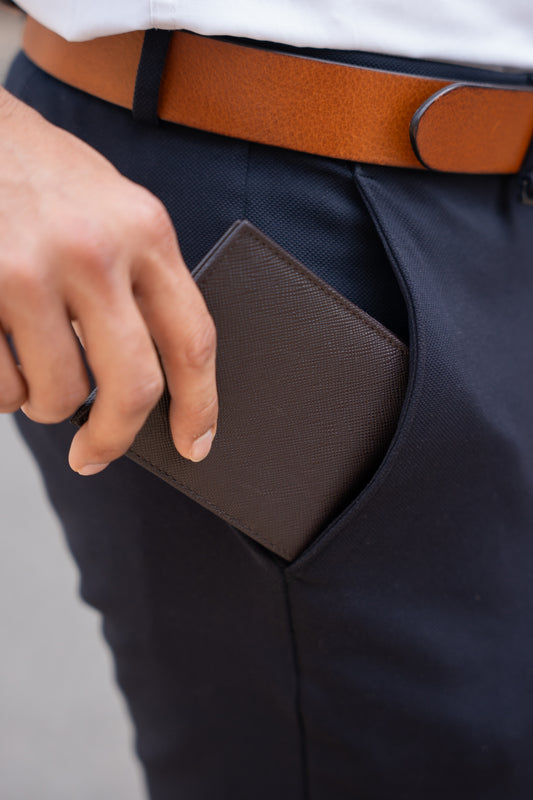 Minimal Bi-Fold Saffiano Sable Full Grain Leather Wallet