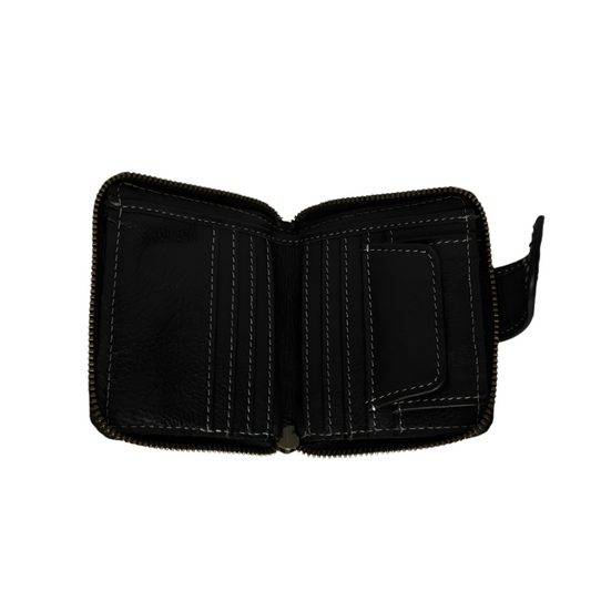 Unisex Soft Black Zipper Wallet Full Grain Leather