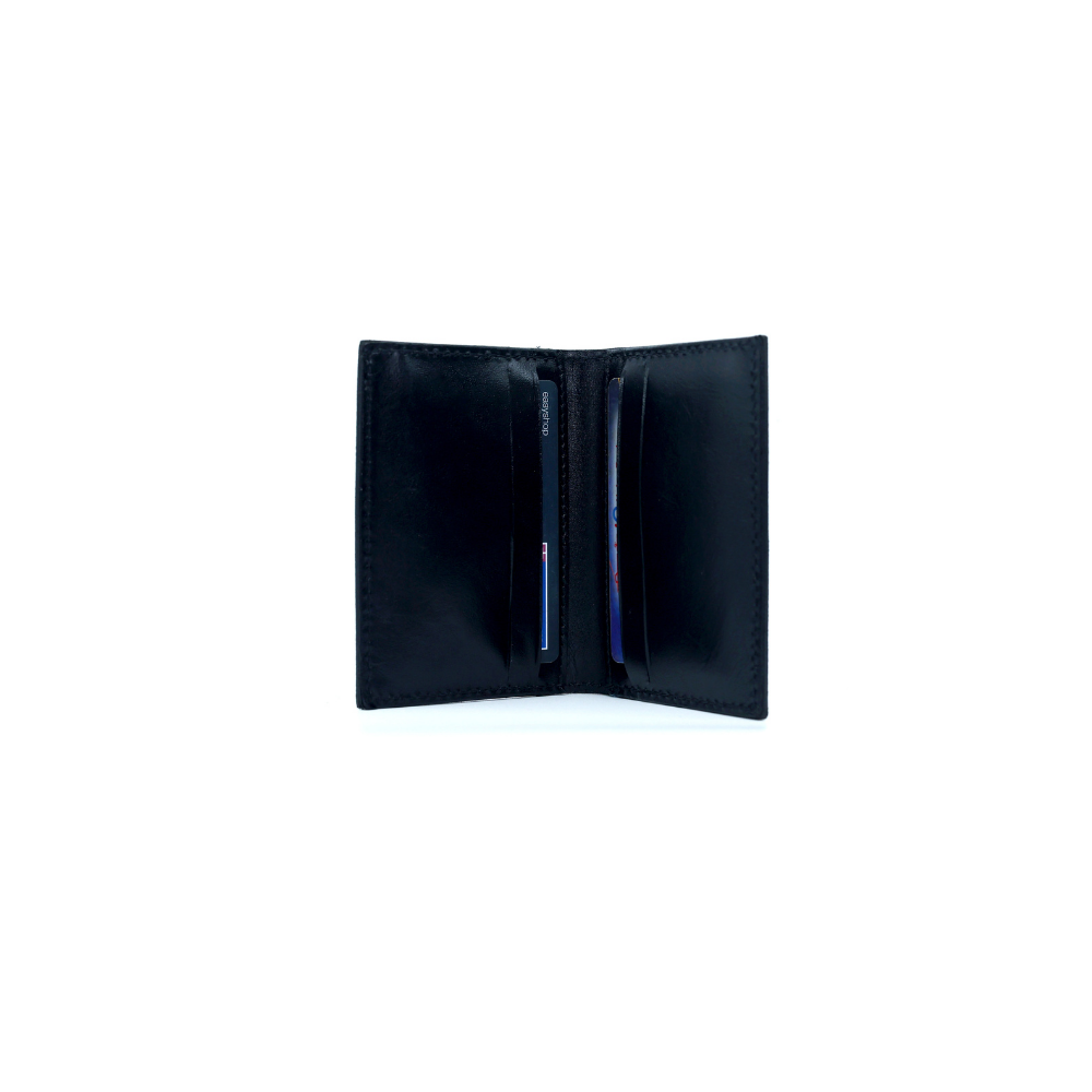 Minimal Bi Fold Card Holder Black Full Grain Leather