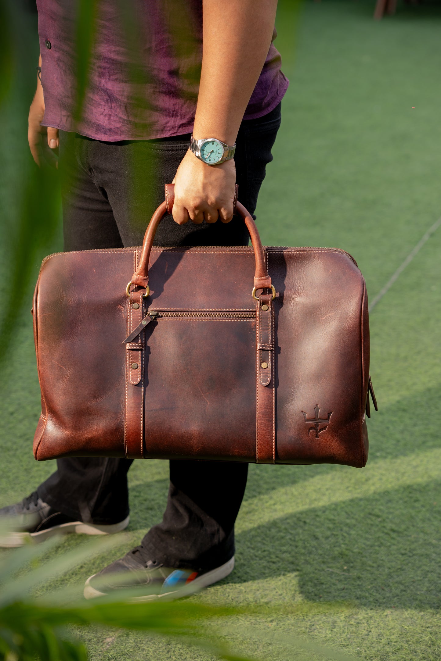 Duffel Bag with Travel Tag Cherry Tone Full Grain Leather