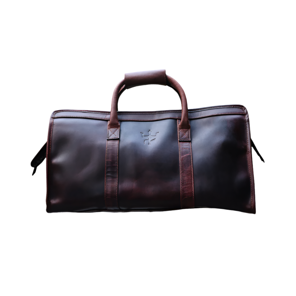 Voyager Duffel Bag with Travel Tag- Cherry Tone Full Grain Leather