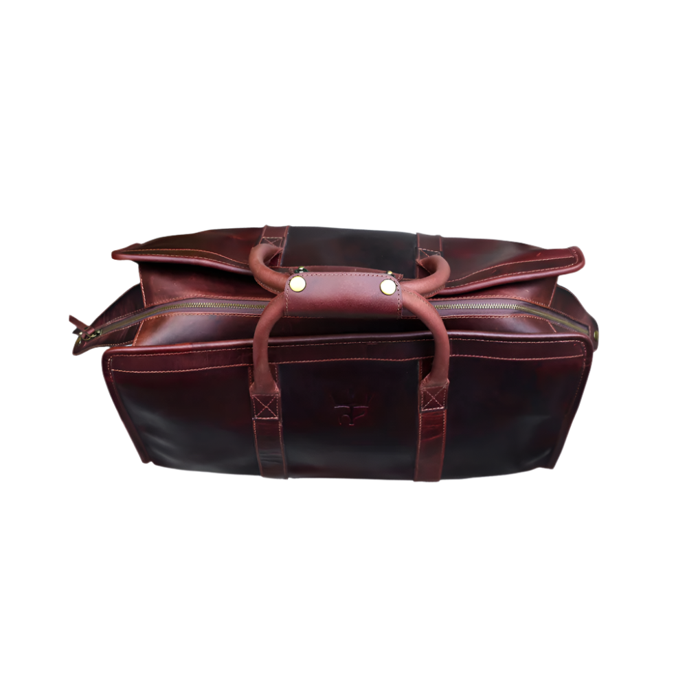 Voyager Duffel Bag with Travel Tag- Cherry Tone Full Grain Leather