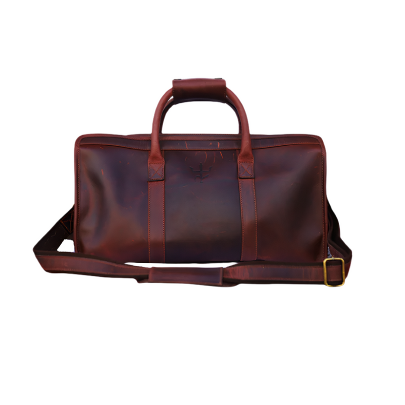 Voyager Duffel Bag with Travel Tag- Cherry Tone Full Grain Leather