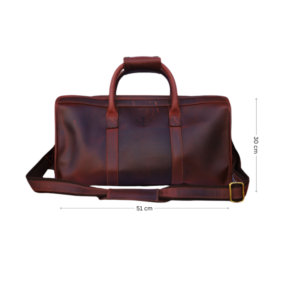 Voyager Duffel Bag with Travel Tag- Cherry Tone Full Grain Leather
