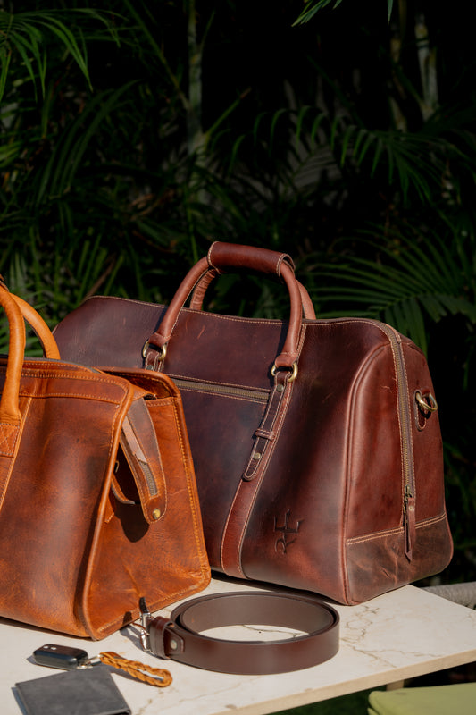Duffel Bag with Travel Tag Cherry Tone Full Grain Leather
