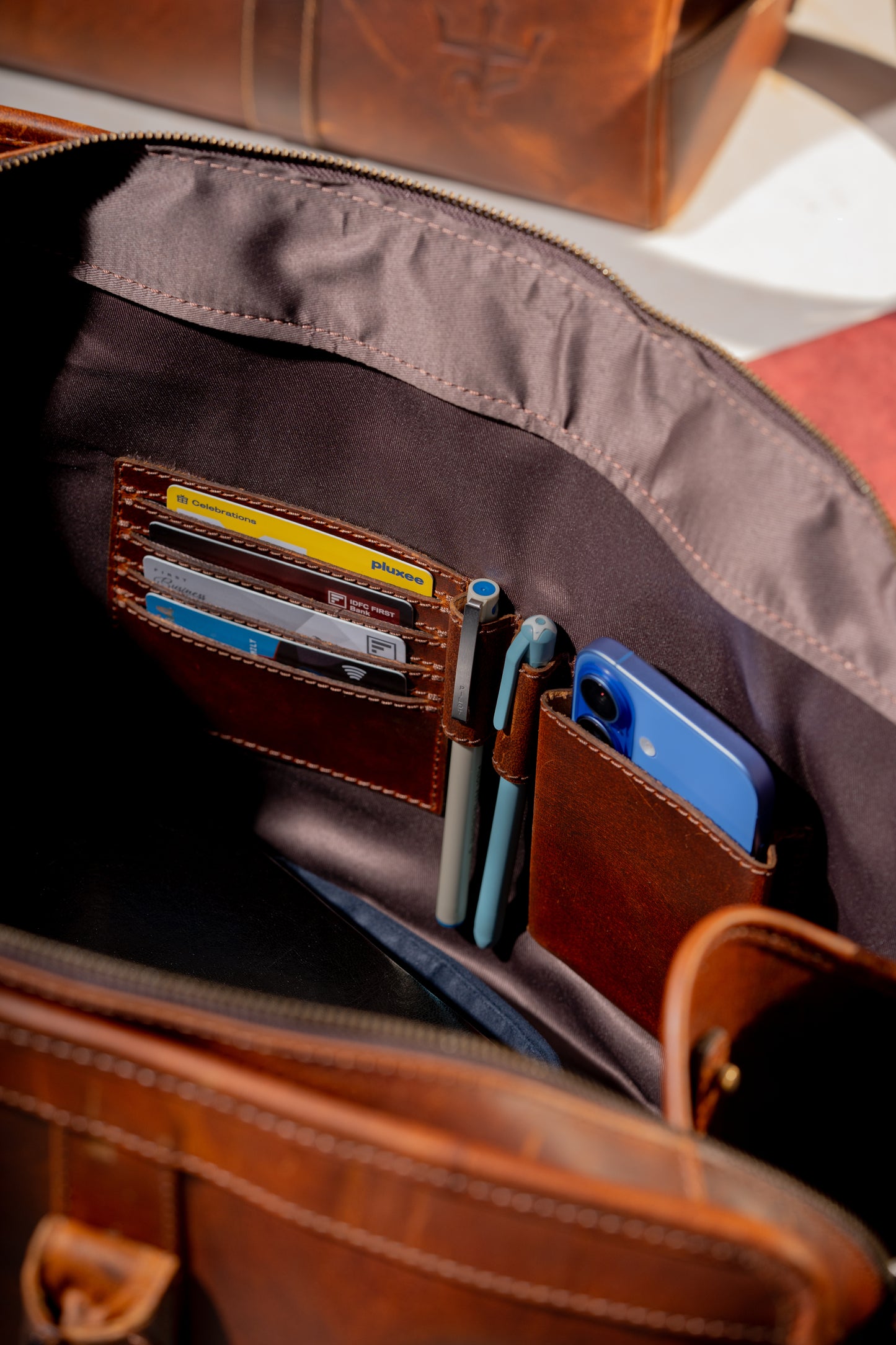 Duffel Bag with Travel Tag Cherry Tone Full Grain Leather