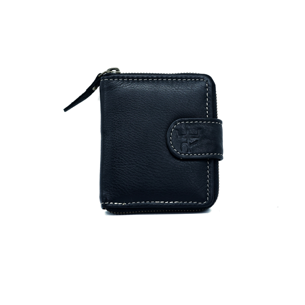 Unisex Soft Black Zipper Wallet Full Grain Leather