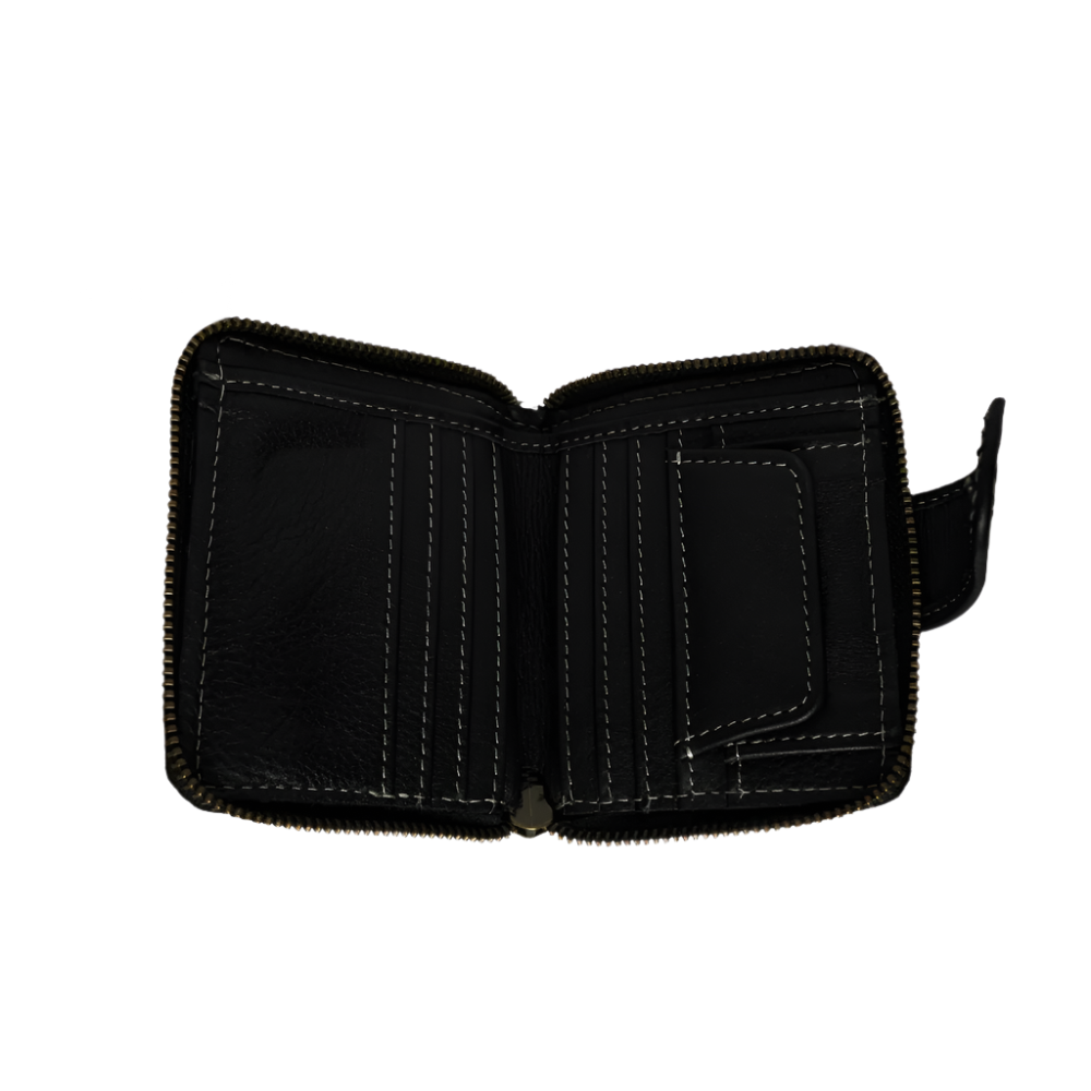 Unisex Soft Black Zipper Wallet Full Grain Leather