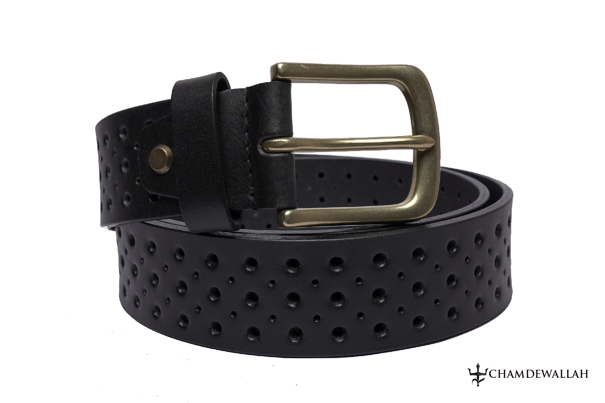 Chocolate Pickle New Mens Perforated Full Hole Buff Leather Black Buckle Belts